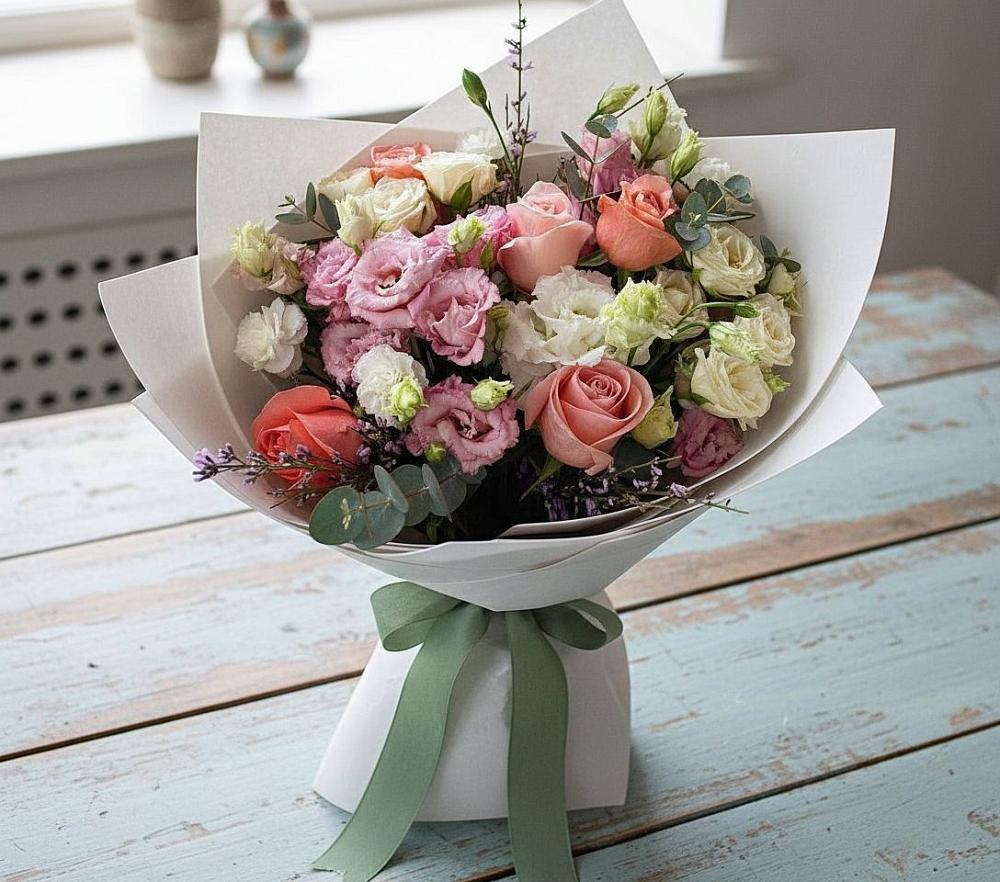 Букет цветов из: Розы, Лизиантусы и Гвоздики в Ильском